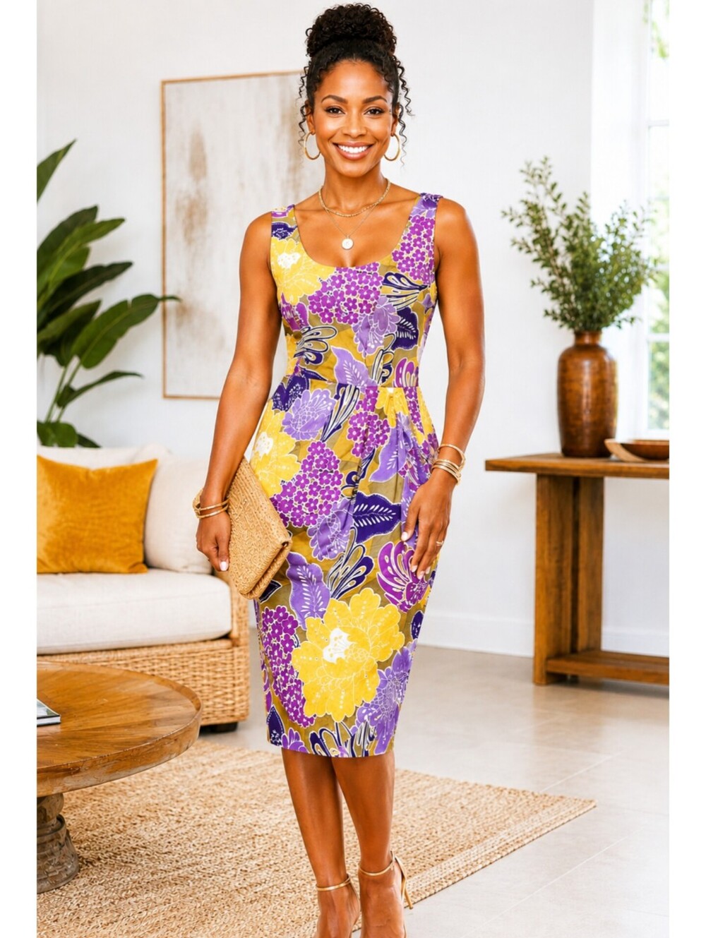 London Times Purple and Yellow Floral Midi Dress